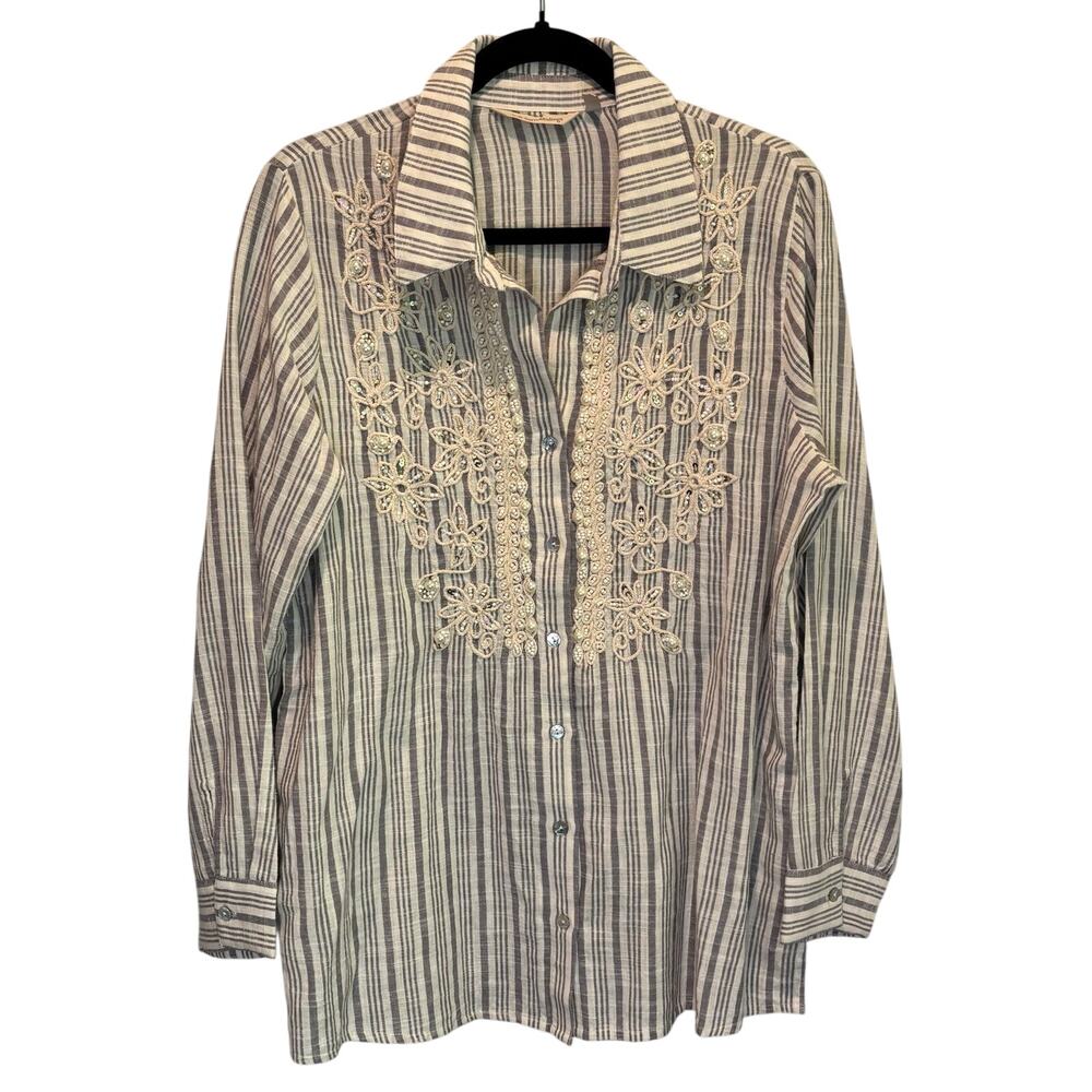 Soft Surroundings Blue & Cream Embroidered Button Down Tunic Top - size Medium